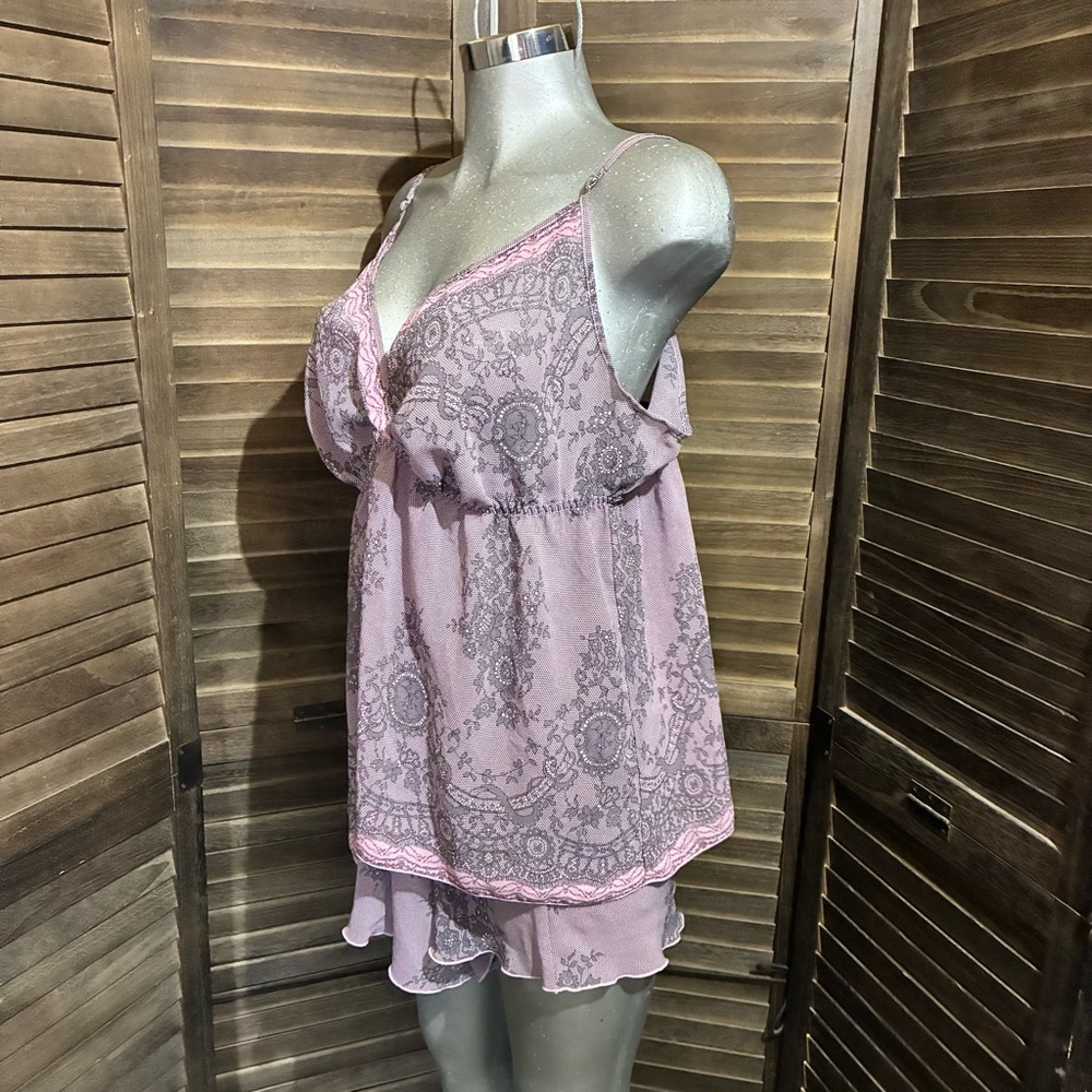 Lightweight 2 Piece PJ Pajama Set Pink/Black Sheer Sleepwear Floral Shorts/Cami